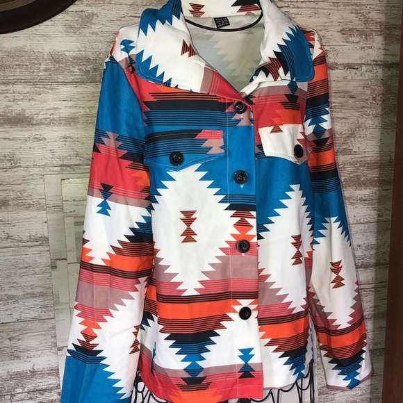 Geo Print Single Breasted Jacket shein Aztec flannel XS western coat​ country​​ - Picture 4 of 11